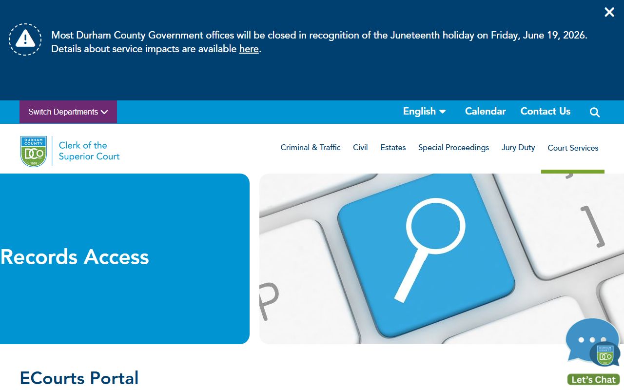 Durham County Clerk of Superior Court records access page
