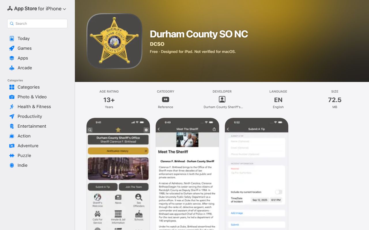 Durham County inmate search sheriff iOS app listing