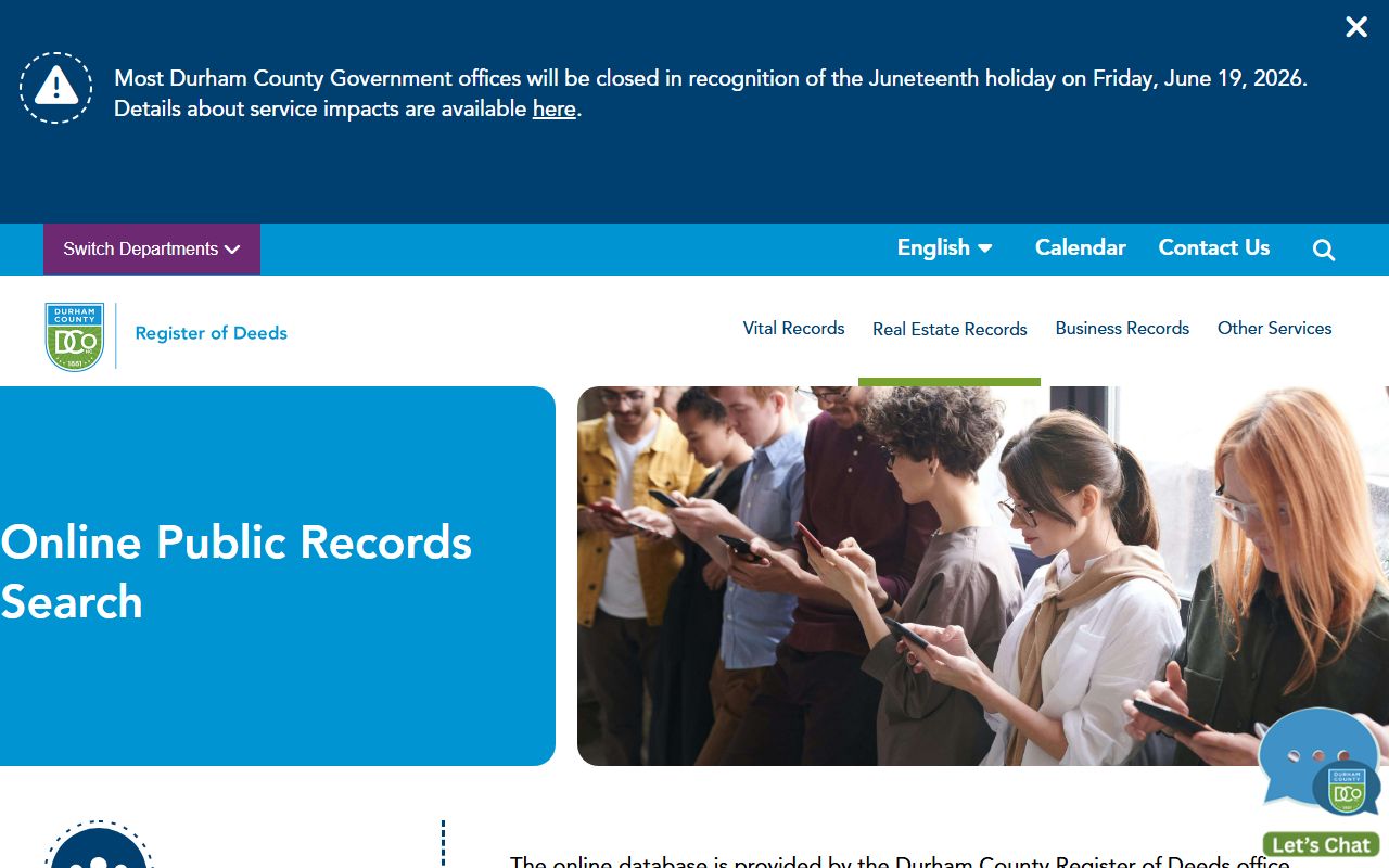 Durham County marriage and divorce records Register of Deeds online search page